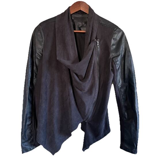 BLANKNYC Private Practice Mixed Media Black Drape Front Asymmetrical Jacket Sz S - Picture 3 of 13